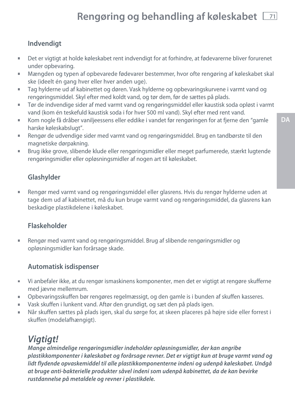 Rengøring og behandling af køleskabet, Vigtigt | Fisher & Paykel E442B User Manual | Page 73 / 384