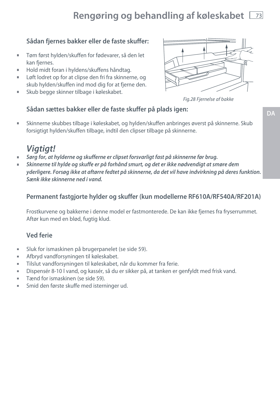 Rengøring og behandling af køleskabet, Vigtigt | Fisher & Paykel E442B User Manual | Page 75 / 384