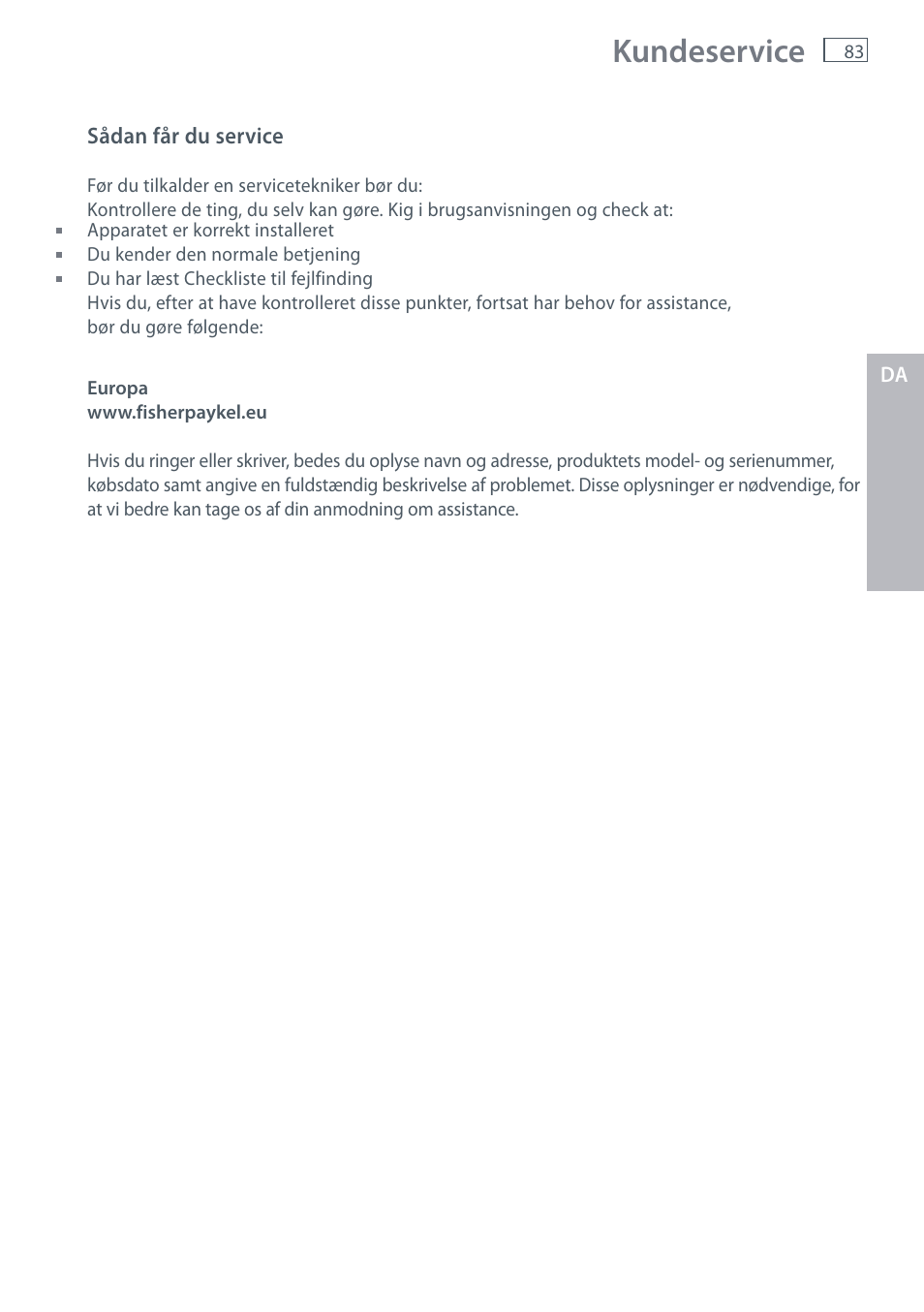 Kundeservice | Fisher & Paykel E442B User Manual | Page 85 / 384