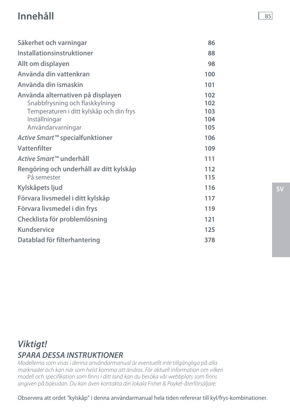 Innehåll, Viktigt, Spara dessa instruktioner | Fisher & Paykel E442B User Manual | Page 87 / 384