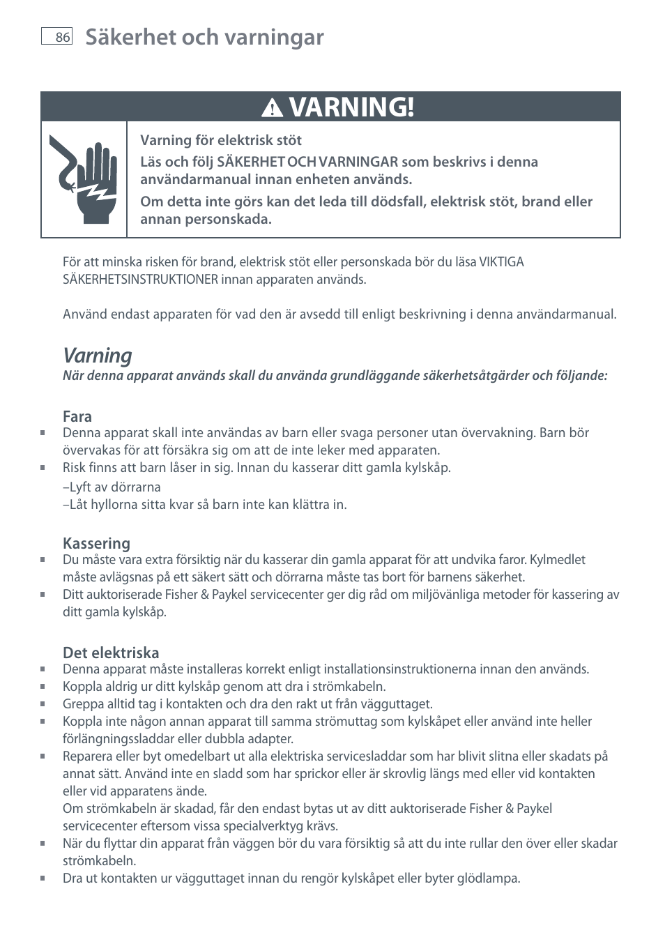 Varning, Säkerhet och varningar | Fisher & Paykel E442B User Manual | Page 88 / 384
