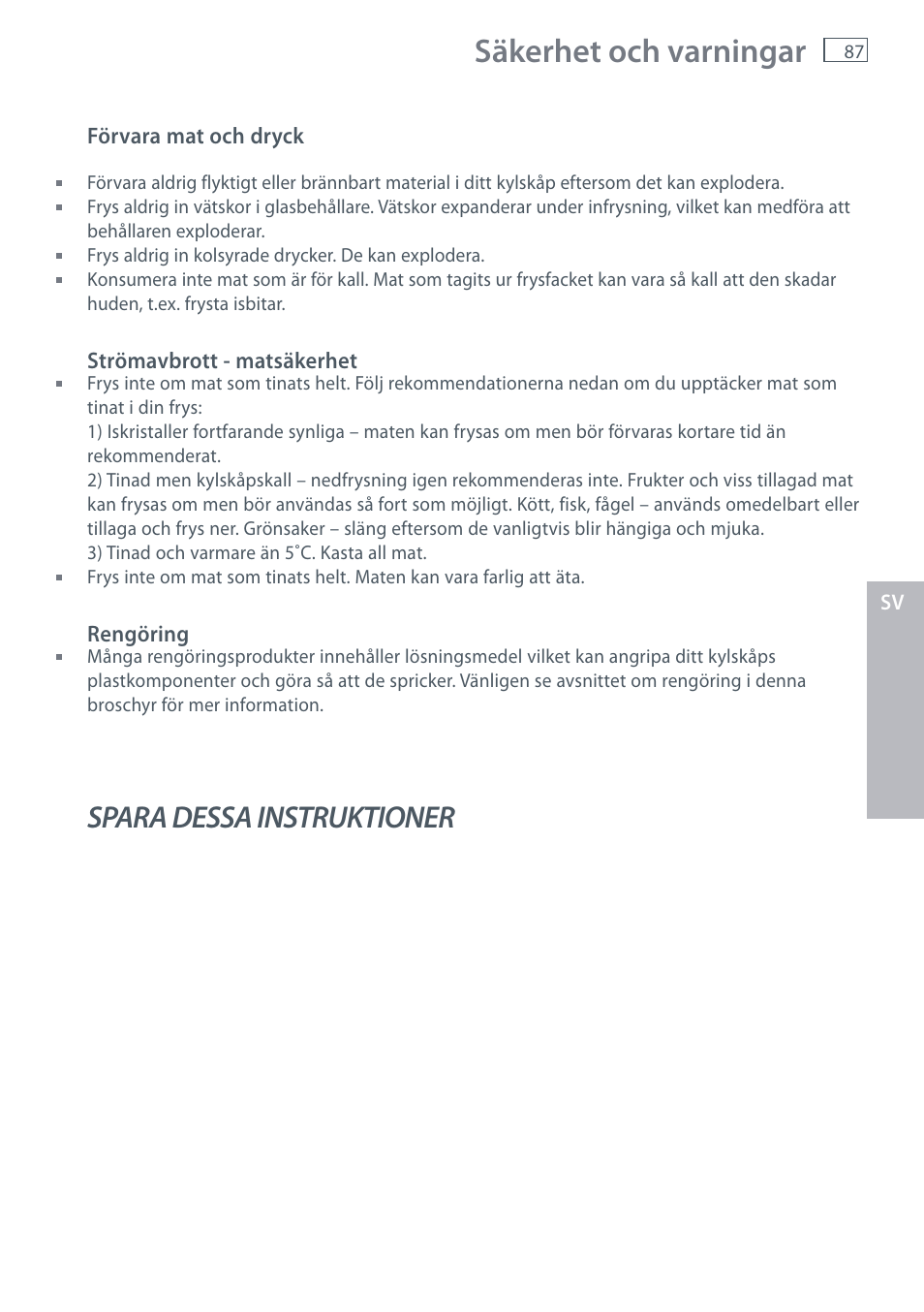 Säkerhet och varningar, Spara dessa instruktioner | Fisher & Paykel E442B User Manual | Page 89 / 384