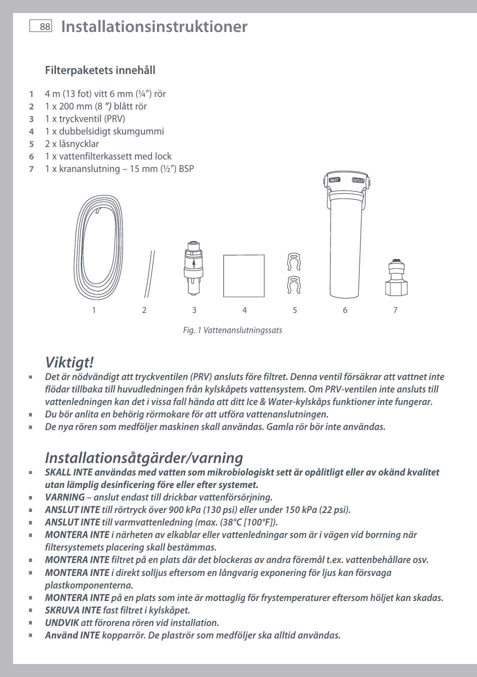 Installationsinstruktioner, Viktigt, Installationsåtgärder/varning | Fisher & Paykel E442B User Manual | Page 90 / 384