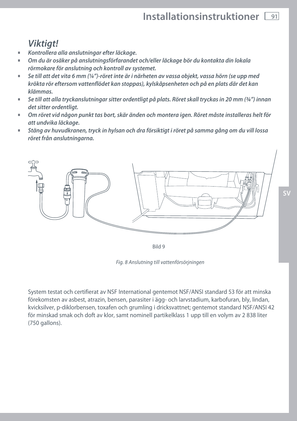 Installationsinstruktioner, Viktigt | Fisher & Paykel E442B User Manual | Page 93 / 384