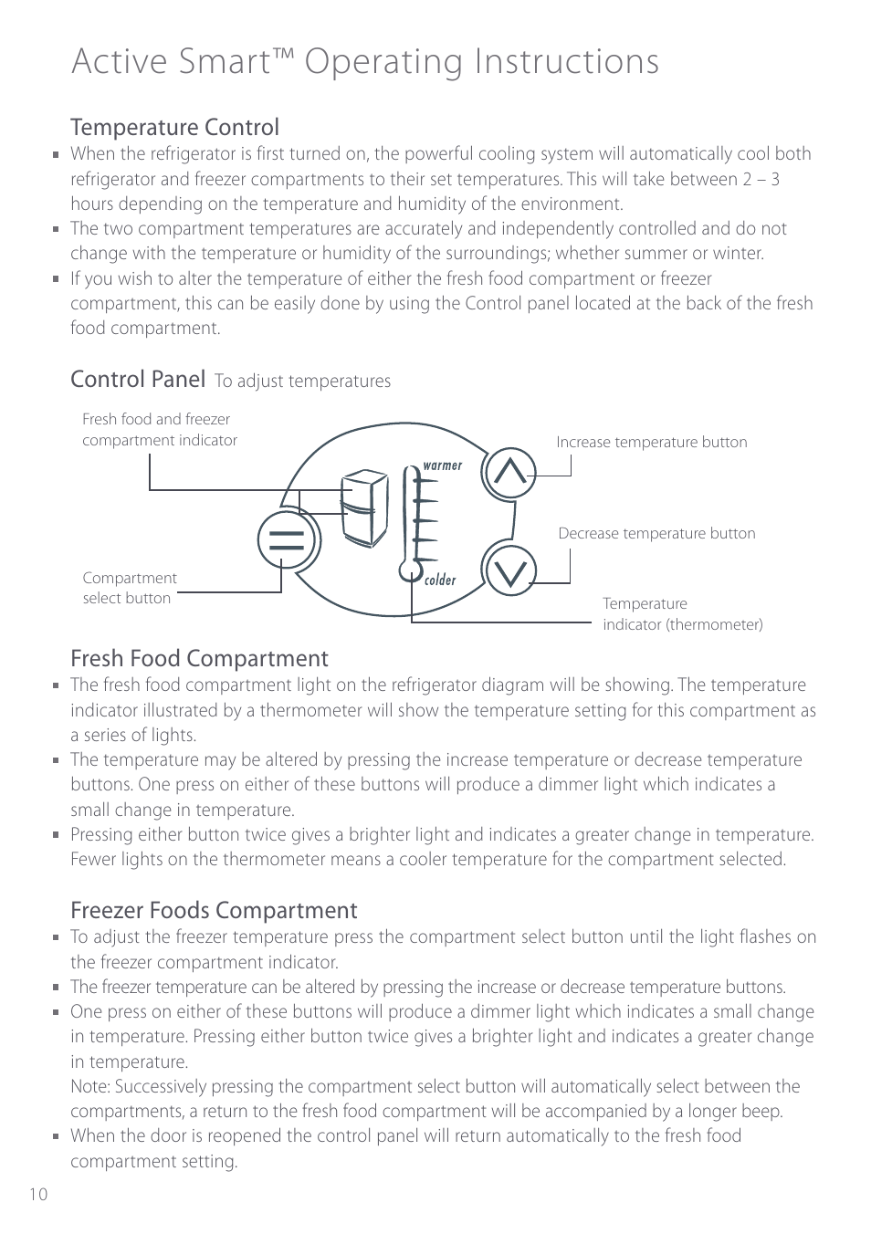 Active smart™ operating instructions, Temperature control, Control panel | Fresh food compartment, Freezer foods compartment | Fisher & Paykel Active Smart User Manual | Page 10 / 68