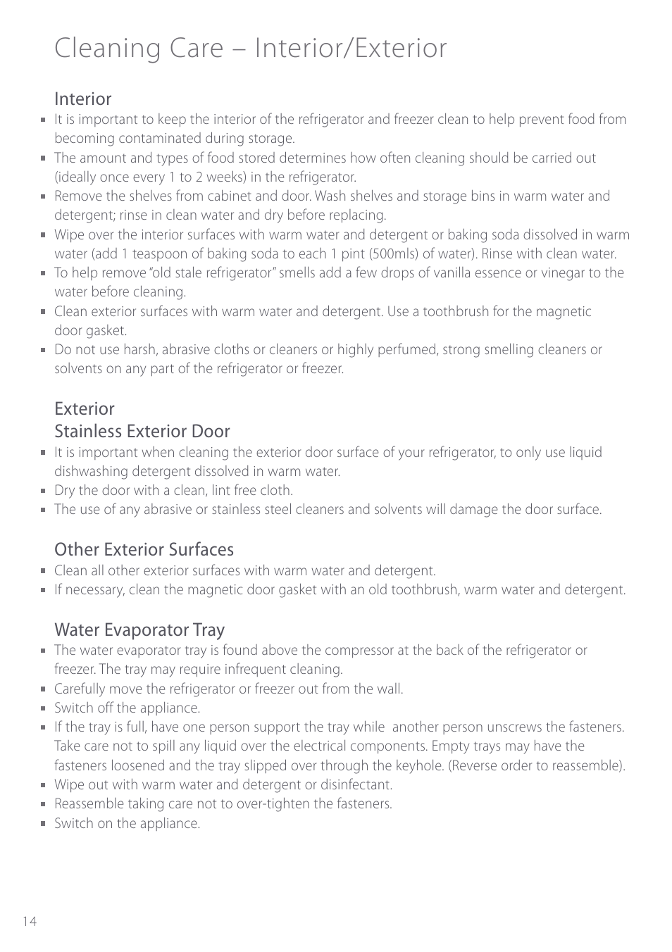 Cleaning care – interior/exterior, Interior, Exterior stainless exterior door | Other exterior surfaces, Water evaporator tray | Fisher & Paykel Active Smart User Manual | Page 14 / 68