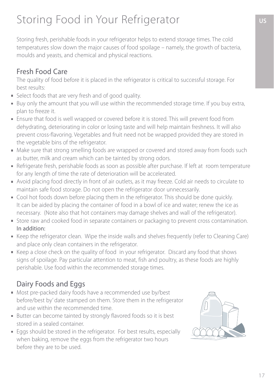 Storing food in your refrigerator, Fresh food care, Dairy foods and eggs | Fisher & Paykel Active Smart User Manual | Page 17 / 68