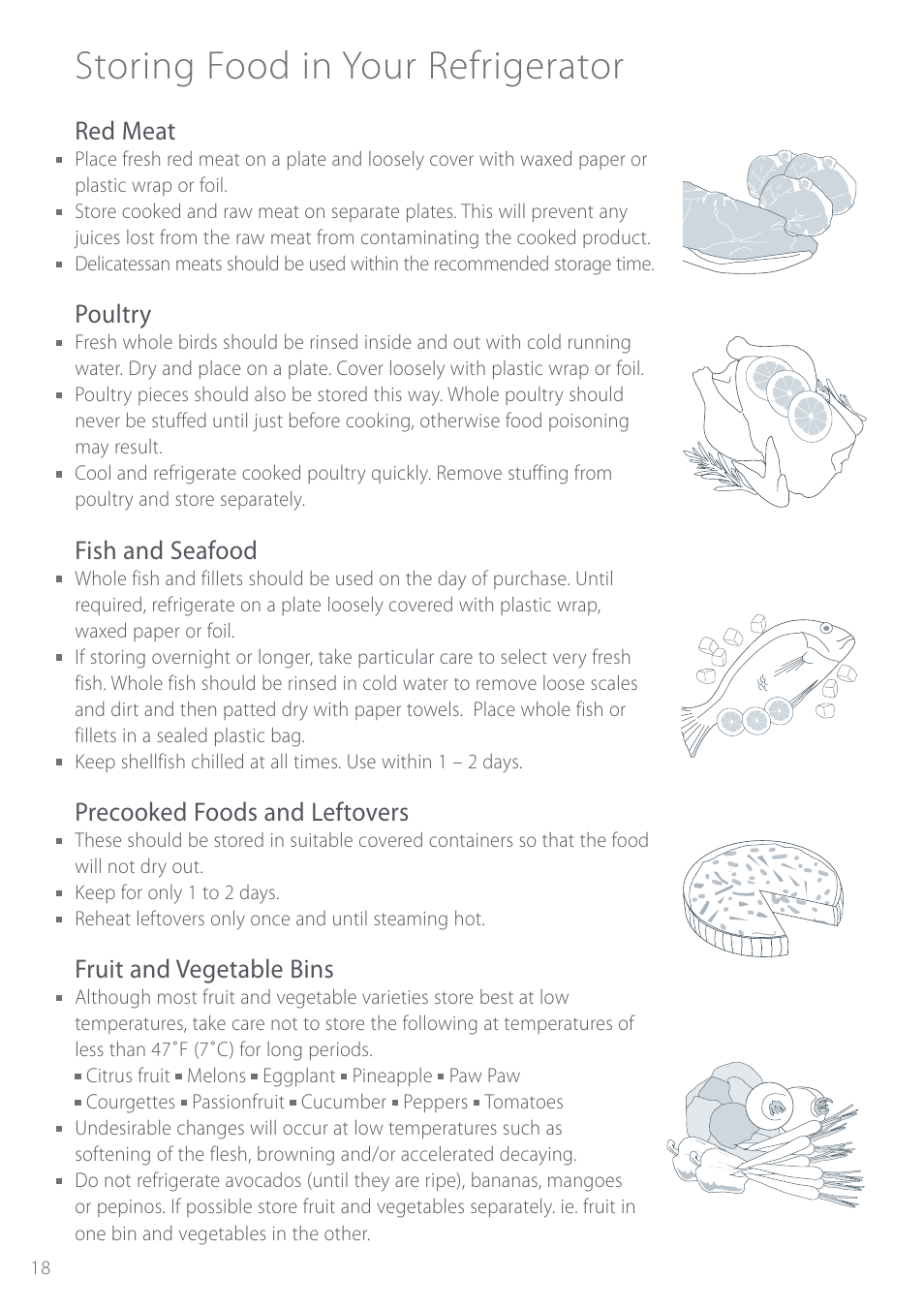 Storing food in your refrigerator, Red meat, Poultry | Fish and seafood, Precooked foods and leftovers, Fruit and vegetable bins | Fisher & Paykel Active Smart User Manual | Page 18 / 68