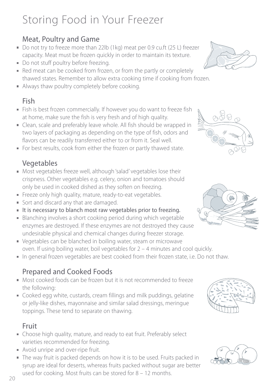 Storing food in your freezer, Meat, poultry and game, Fish | Vegetables, Prepared and cooked foods, Fruit | Fisher & Paykel Active Smart User Manual | Page 20 / 68