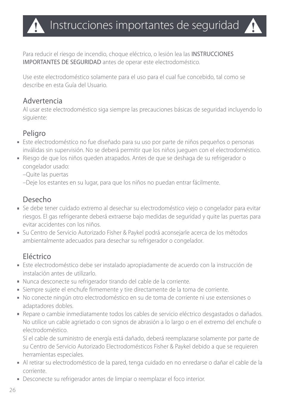 Instrucciones importantes de seguridad, Advertencia, Peligro | Desecho, Eléctrico | Fisher & Paykel Active Smart User Manual | Page 26 / 68