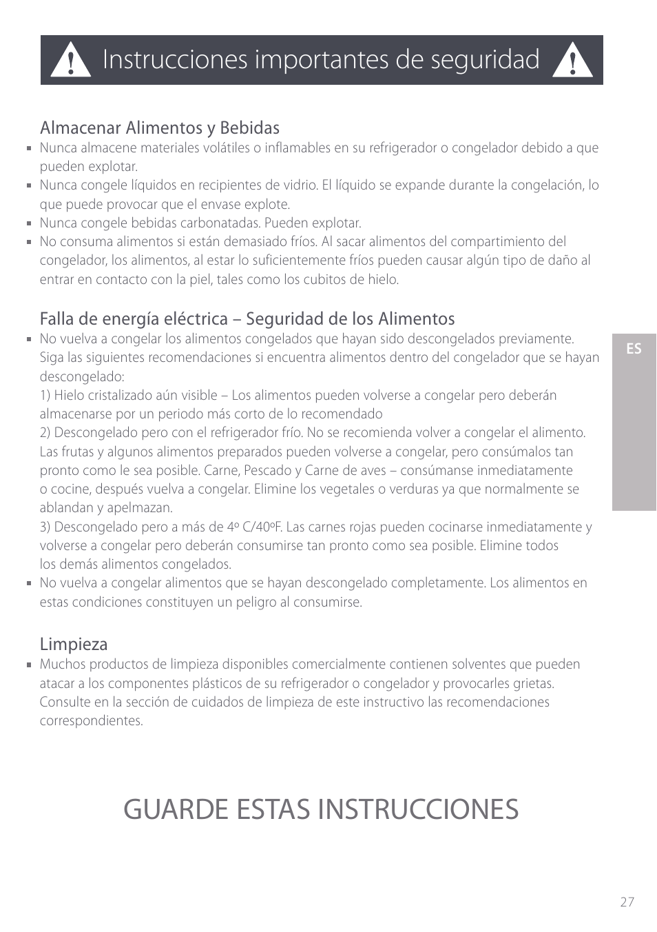 Guarde estas instrucciones, Instrucciones importantes de seguridad, Almacenar alimentos y bebidas | Limpieza | Fisher & Paykel Active Smart User Manual | Page 27 / 68