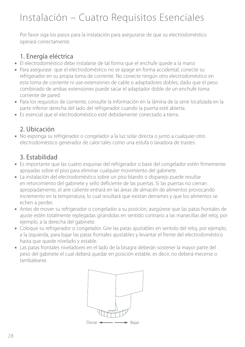 Instalación – cuatro requisitos esenciales, Energía eléctrica, Ubicación | Estabilidad | Fisher & Paykel Active Smart User Manual | Page 28 / 68