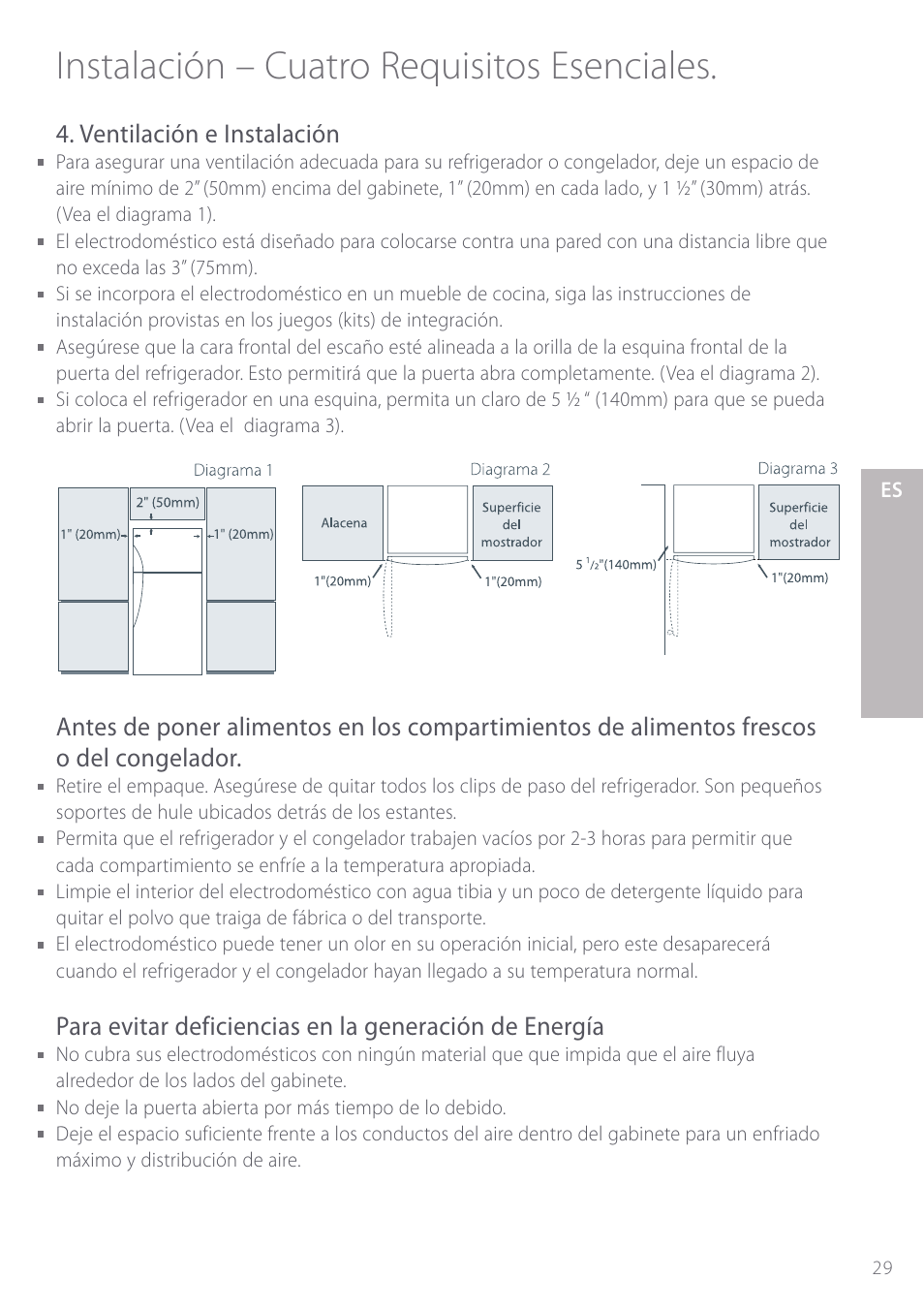 Instalación – cuatro requisitos esenciales, Ventilación e instalación | Fisher & Paykel Active Smart User Manual | Page 29 / 68