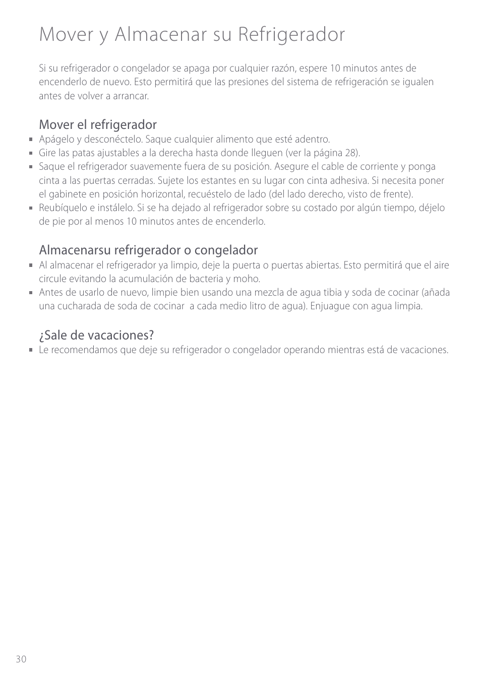 Mover y almacenar su refrigerador, Mover el refrigerador, Almacenarsu refrigerador o congelador | Sale de vacaciones | Fisher & Paykel Active Smart User Manual | Page 30 / 68