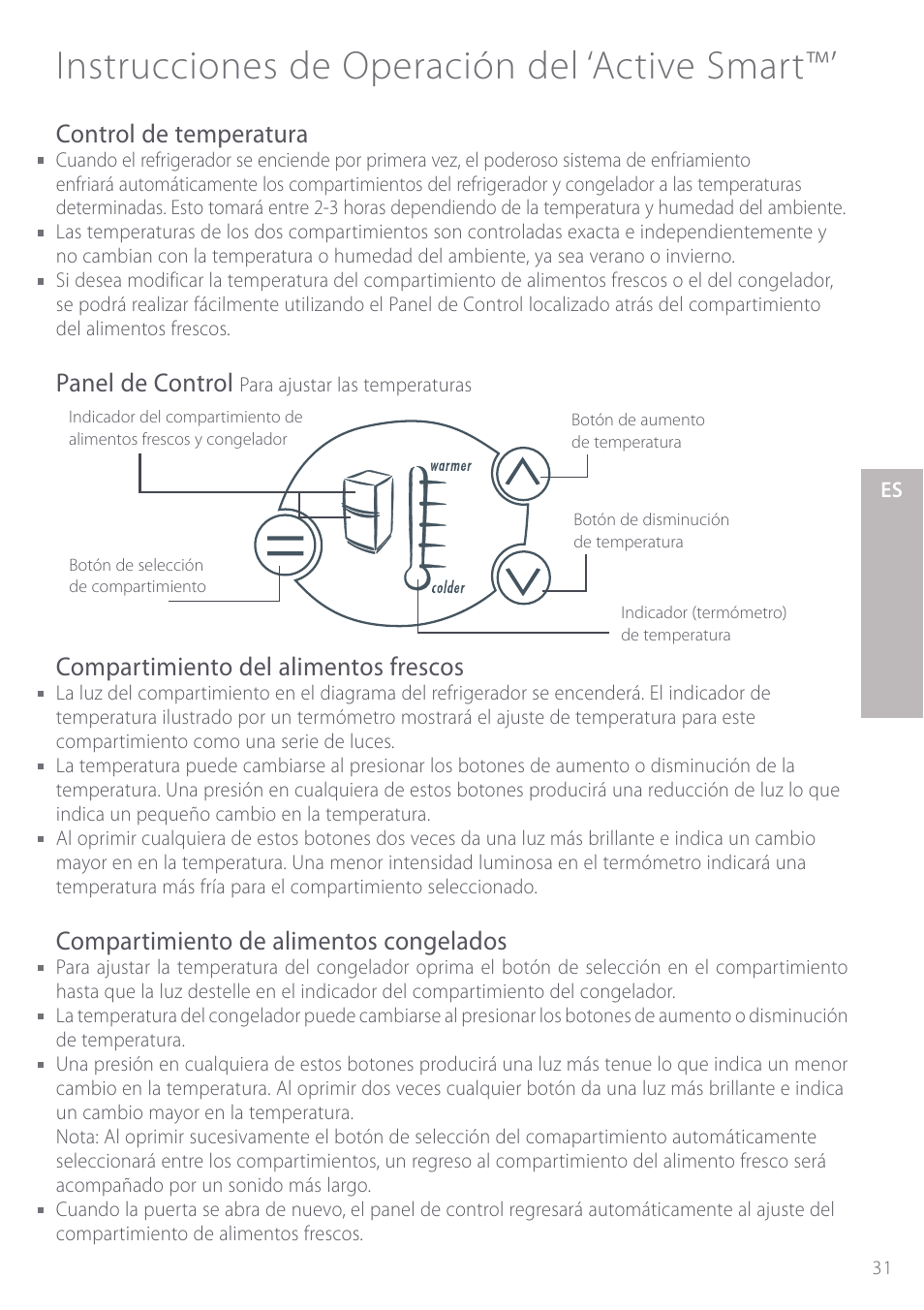 Instrucciones de operación del ‘active smart, Control de temperatura, Panel de control | Compartimiento del alimentos frescos, Compartimiento de alimentos congelados | Fisher & Paykel Active Smart User Manual | Page 31 / 68