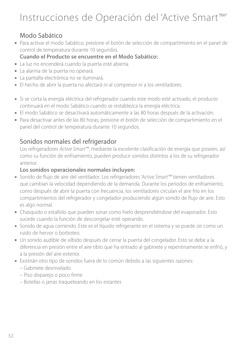 Instrucciones de operación del ‘active smart, Modo sabático, Sonidos normales del refrigerador | Fisher & Paykel Active Smart User Manual | Page 32 / 68