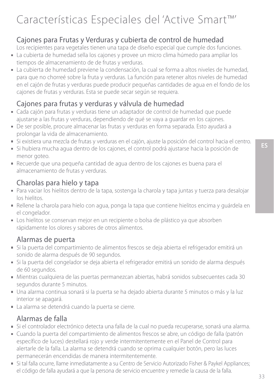 Características especiales del ‘active smart, Charolas para hielo y tapa, Alarmas de puerta | Alarmas de falla | Fisher & Paykel Active Smart User Manual | Page 33 / 68