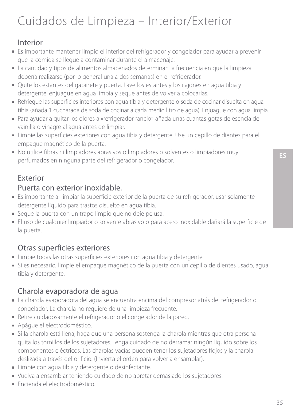 Cuidados de limpieza – interior/exterior, Interior, Exterior puerta con exterior inoxidable | Otras superficies exteriores, Charola evaporadora de agua | Fisher & Paykel Active Smart User Manual | Page 35 / 68