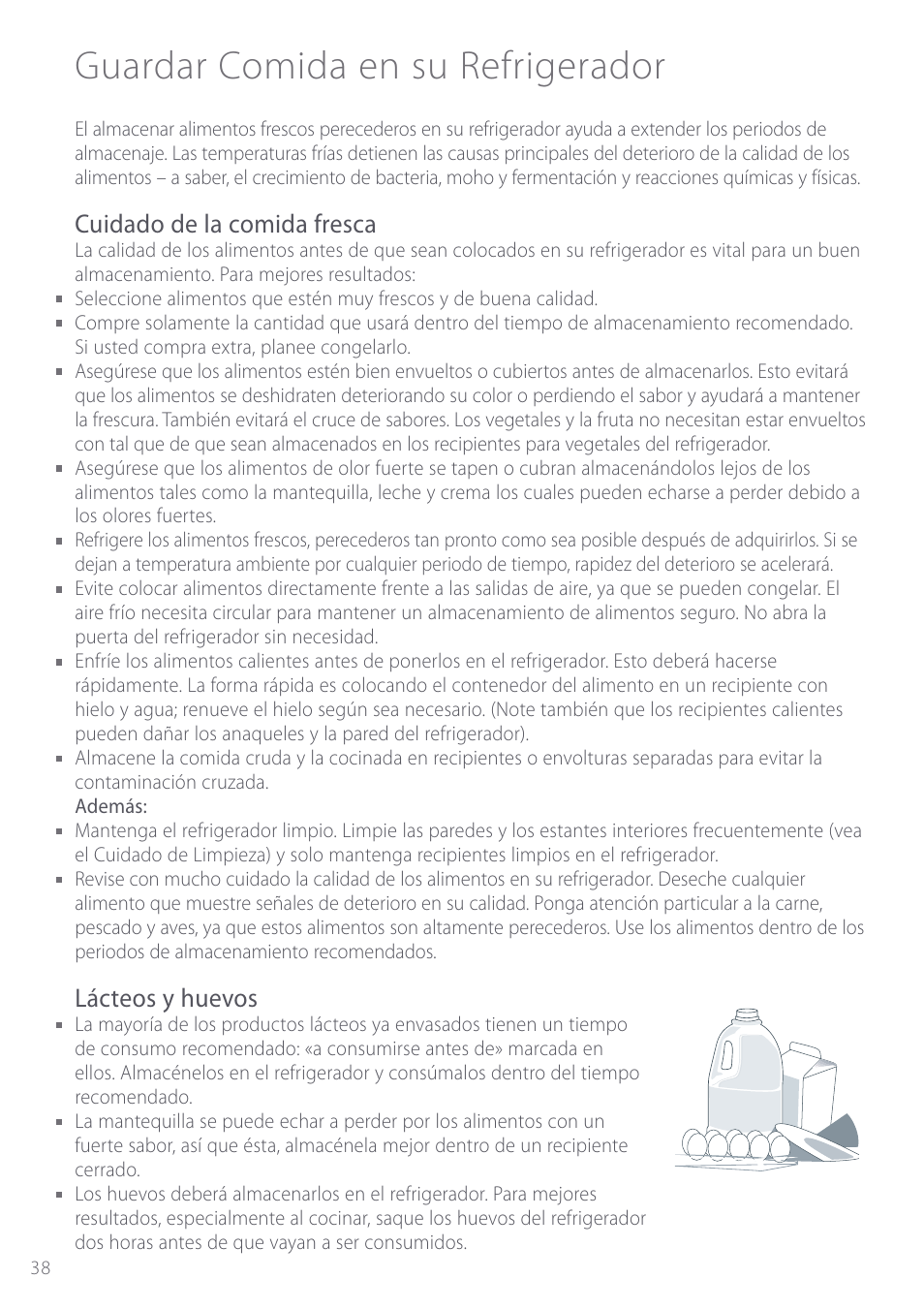 Guardar comida en su refrigerador, Cuidado de la comida fresca, Lácteos y huevos | Fisher & Paykel Active Smart User Manual | Page 38 / 68