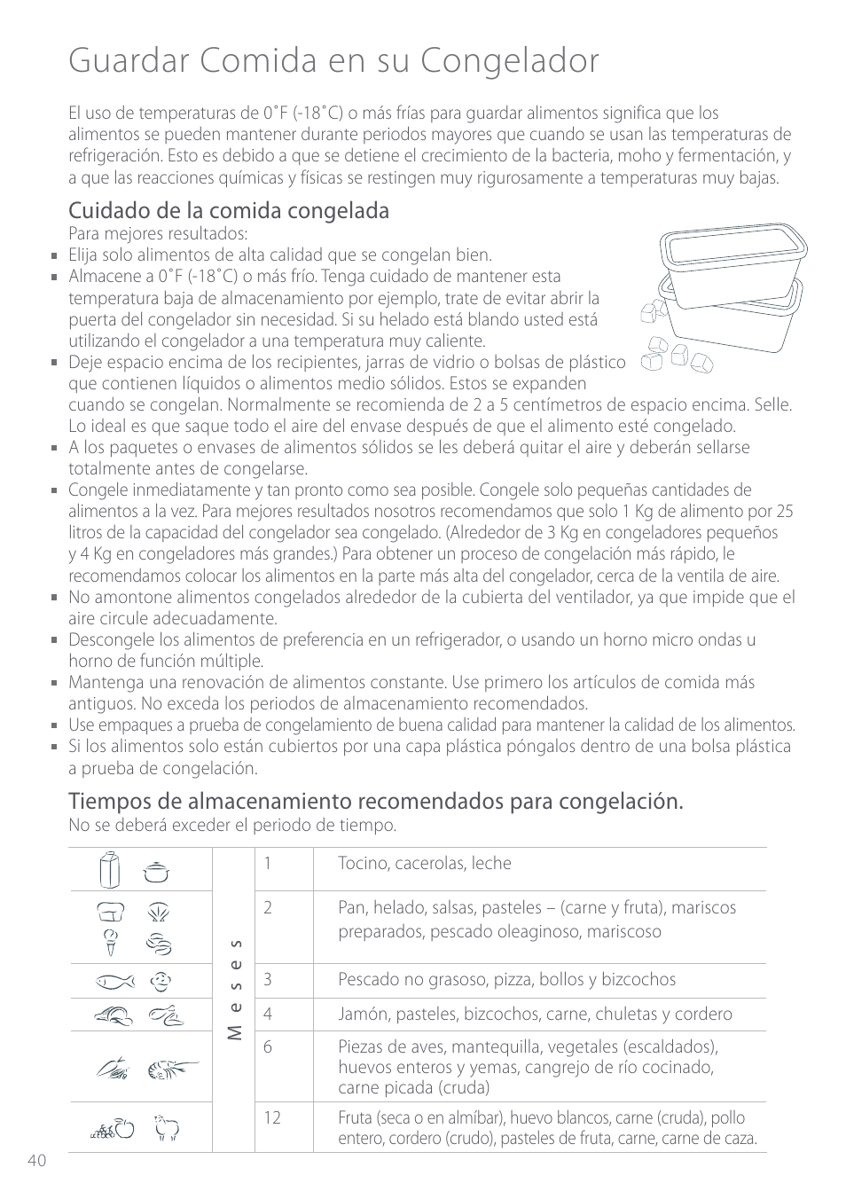 Guardar comida en su congelador, Cuidado de la comida congelada | Fisher & Paykel Active Smart User Manual | Page 40 / 68