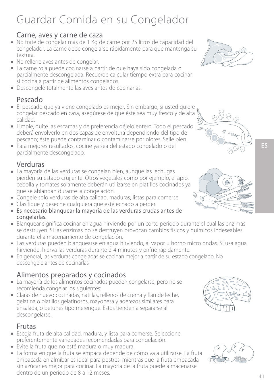 Guardar comida en su congelador, Carne, aves y carne de caza, Pescado | Verduras, Alimentos preparados y cocinados, Frutas | Fisher & Paykel Active Smart User Manual | Page 41 / 68