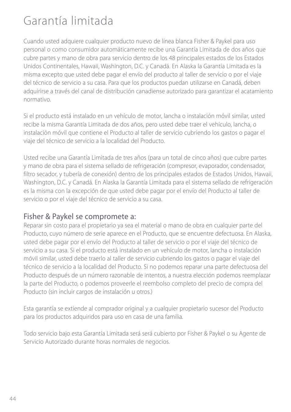 Garantía limitada | Fisher & Paykel Active Smart User Manual | Page 44 / 68