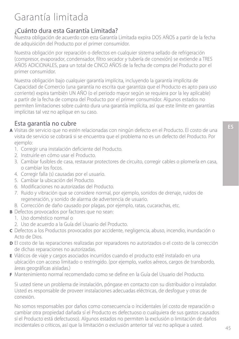 Garantía limitada, Cuánto dura esta garantía limitada, Esta garantía no cubre | Fisher & Paykel Active Smart User Manual | Page 45 / 68