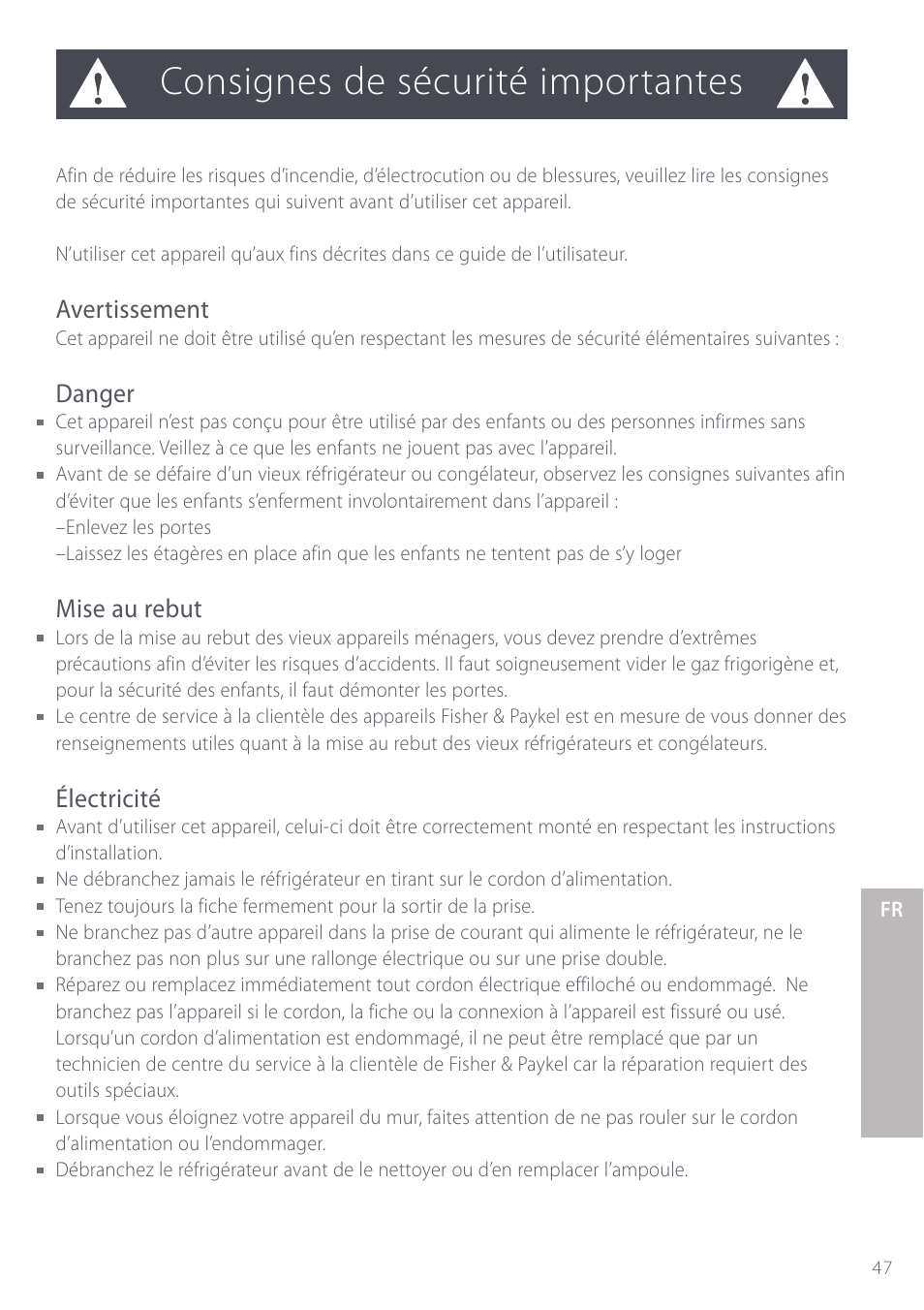 Consignes de sécurité importantes, Avertissement, Danger | Mise au rebut, Électricité | Fisher & Paykel Active Smart User Manual | Page 47 / 68