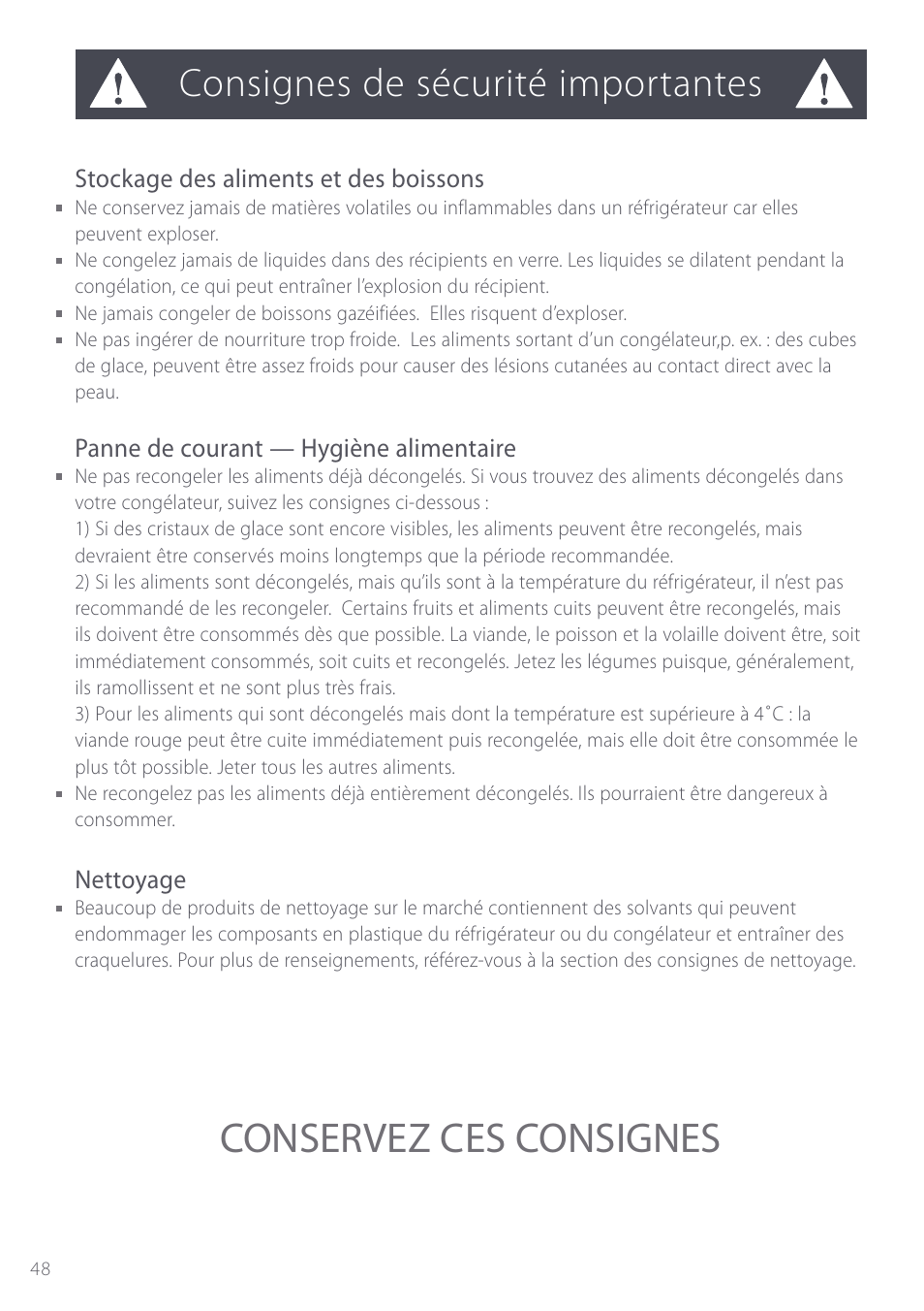 Conservez ces consignes, Consignes de sécurité importantes, Stockage des aliments et des boissons | Panne de courant — hygiène alimentaire, Nettoyage | Fisher & Paykel Active Smart User Manual | Page 48 / 68