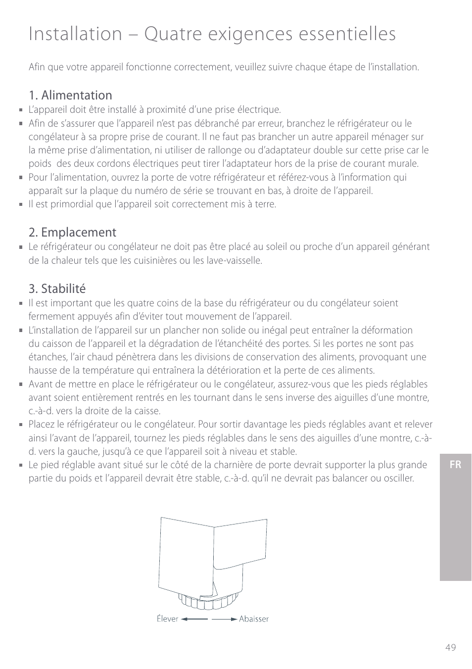 Installation – quatre exigences essentielles, Alimentation, Emplacement | Stabilité | Fisher & Paykel Active Smart User Manual | Page 49 / 68