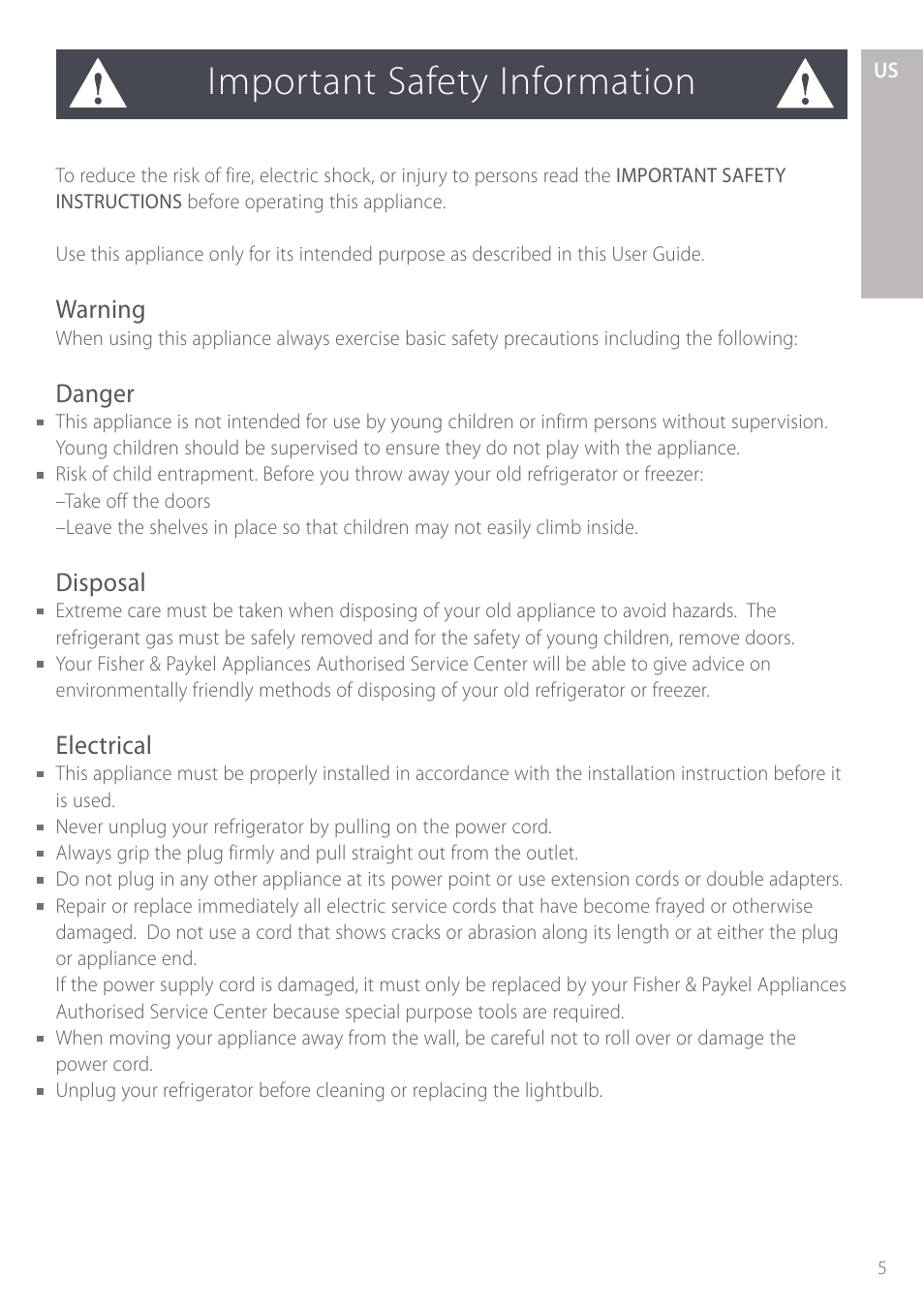 Important safety information, Warning, Danger | Disposal, Electrical | Fisher & Paykel Active Smart User Manual | Page 5 / 68