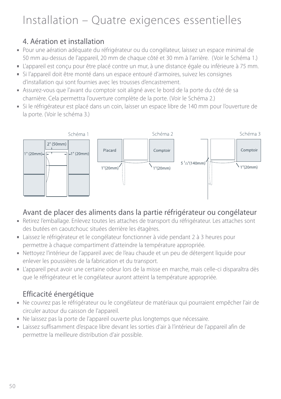 Installation – quatre exigences essentielles, Aération et installation, Efficacité énergétique | Fisher & Paykel Active Smart User Manual | Page 50 / 68