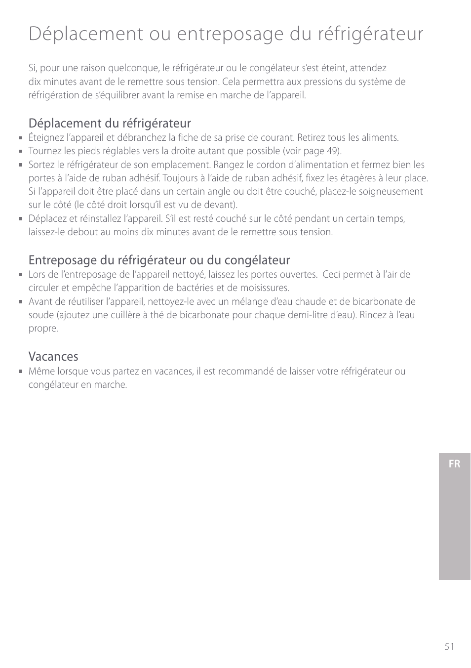 Déplacement ou entreposage du réfrigérateur, Déplacement du réfrigérateur, Entreposage du réfrigérateur ou du congélateur | Vacances | Fisher & Paykel Active Smart User Manual | Page 51 / 68