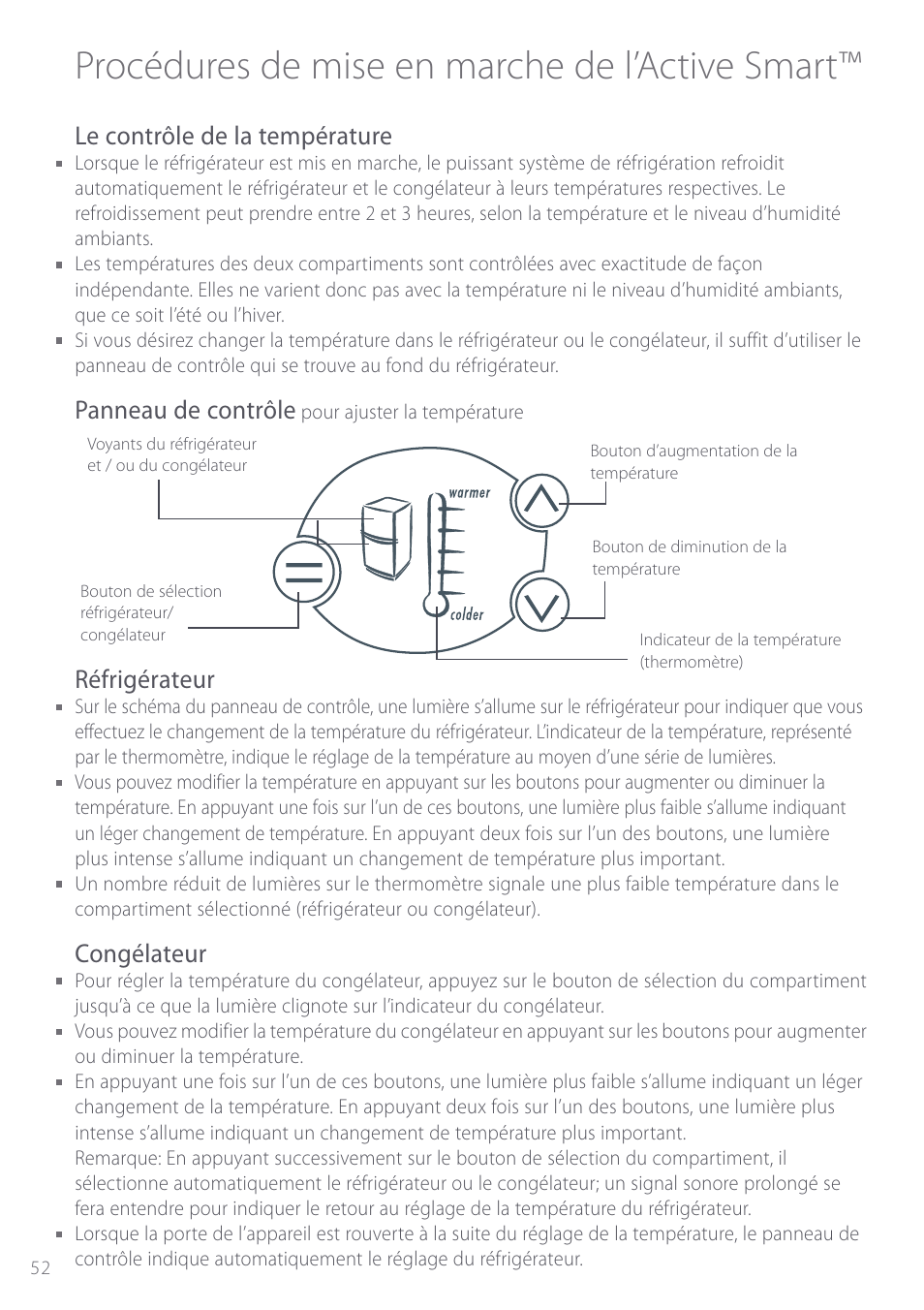 Procédures de mise en marche de l’active smart, Le contrôle de la température, Panneau de contrôle | Réfrigérateur, Congélateur | Fisher & Paykel Active Smart User Manual | Page 52 / 68