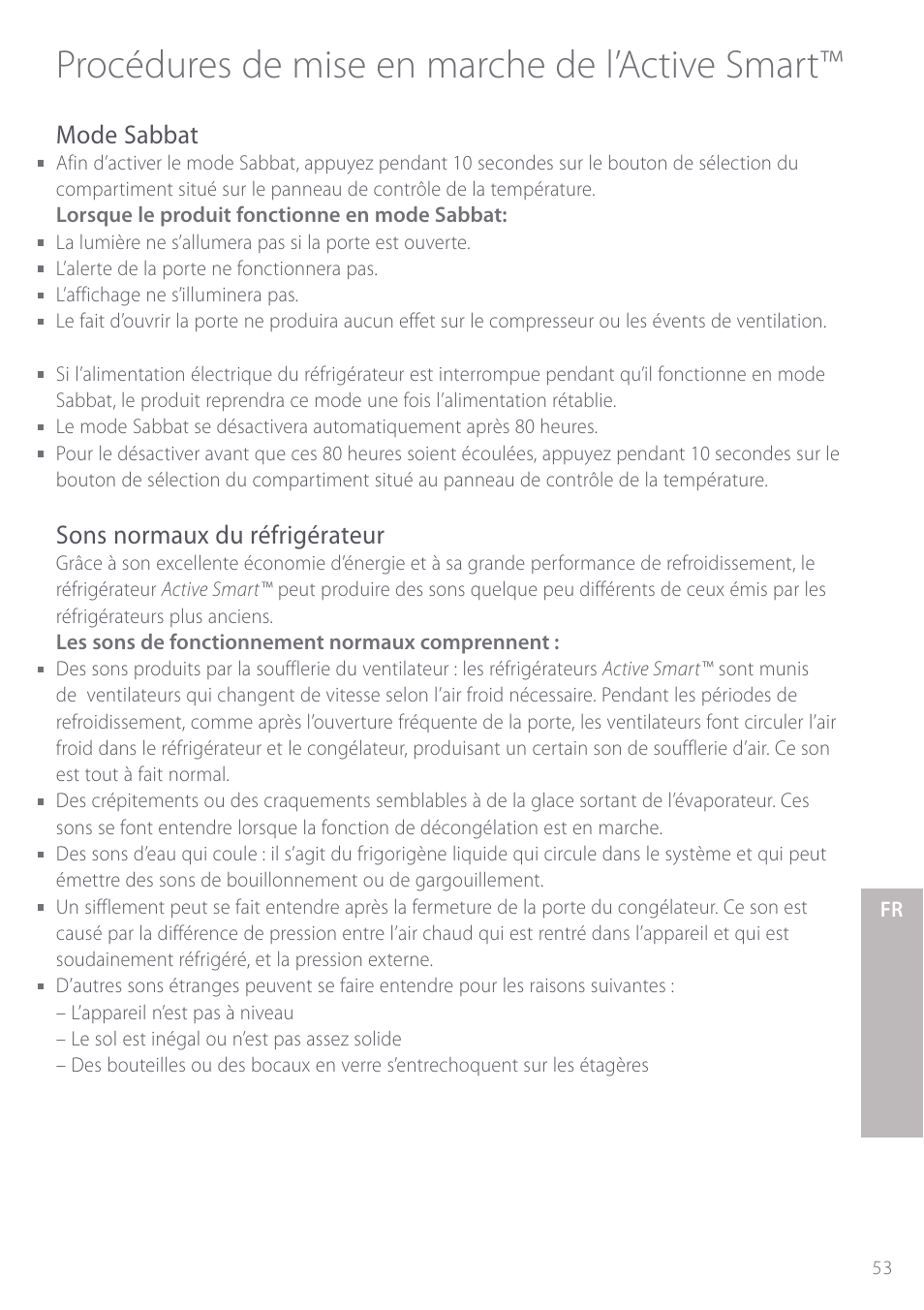 Procédures de mise en marche de l’active smart, Mode sabbat, Sons normaux du réfrigérateur | Fisher & Paykel Active Smart User Manual | Page 53 / 68