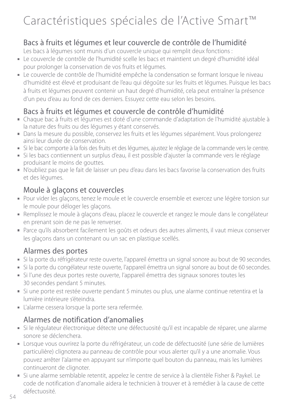 Caractéristiques spéciales de l’active smart, Moule à glaçons et couvercles, Alarmes des portes | Alarmes de notification d’anomalies | Fisher & Paykel Active Smart User Manual | Page 54 / 68