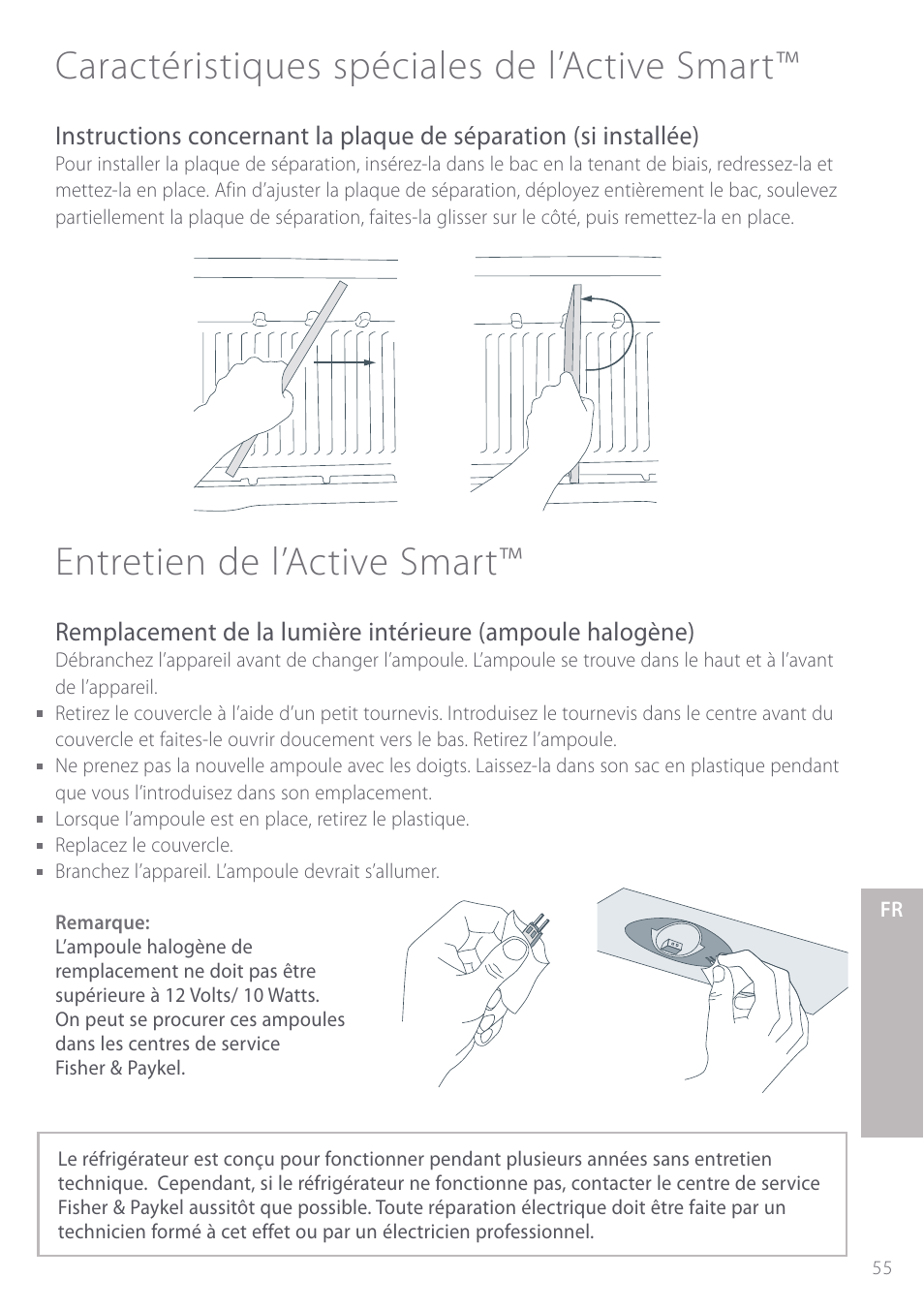 Caractéristiques spéciales de l’active smart, Entretien de l’active smart | Fisher & Paykel Active Smart User Manual | Page 55 / 68