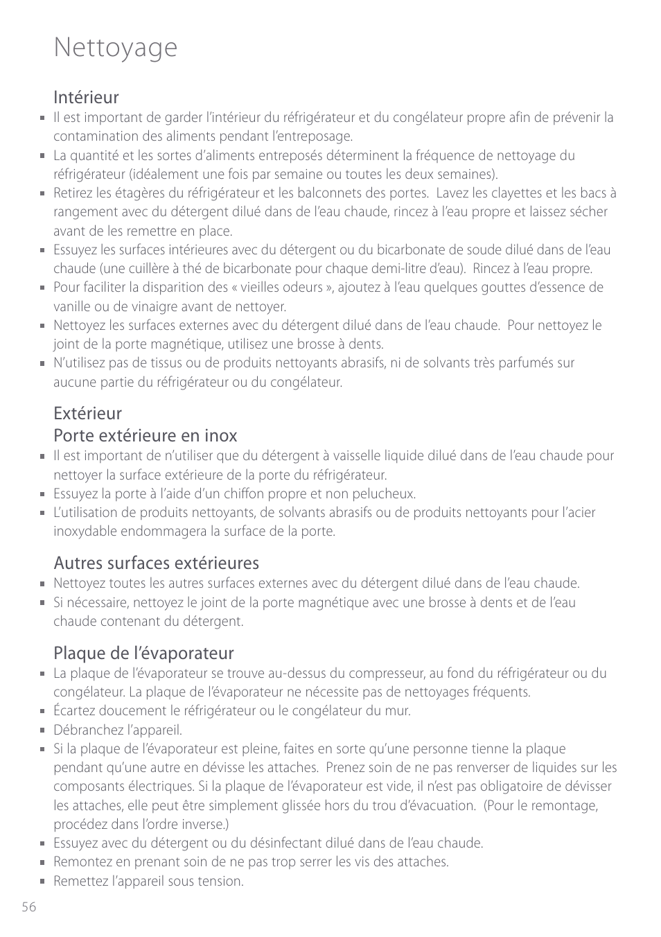 Nettoyage, Intérieur, Extérieur porte extérieure en inox | Autres surfaces extérieures, Plaque de l’évaporateur | Fisher & Paykel Active Smart User Manual | Page 56 / 68