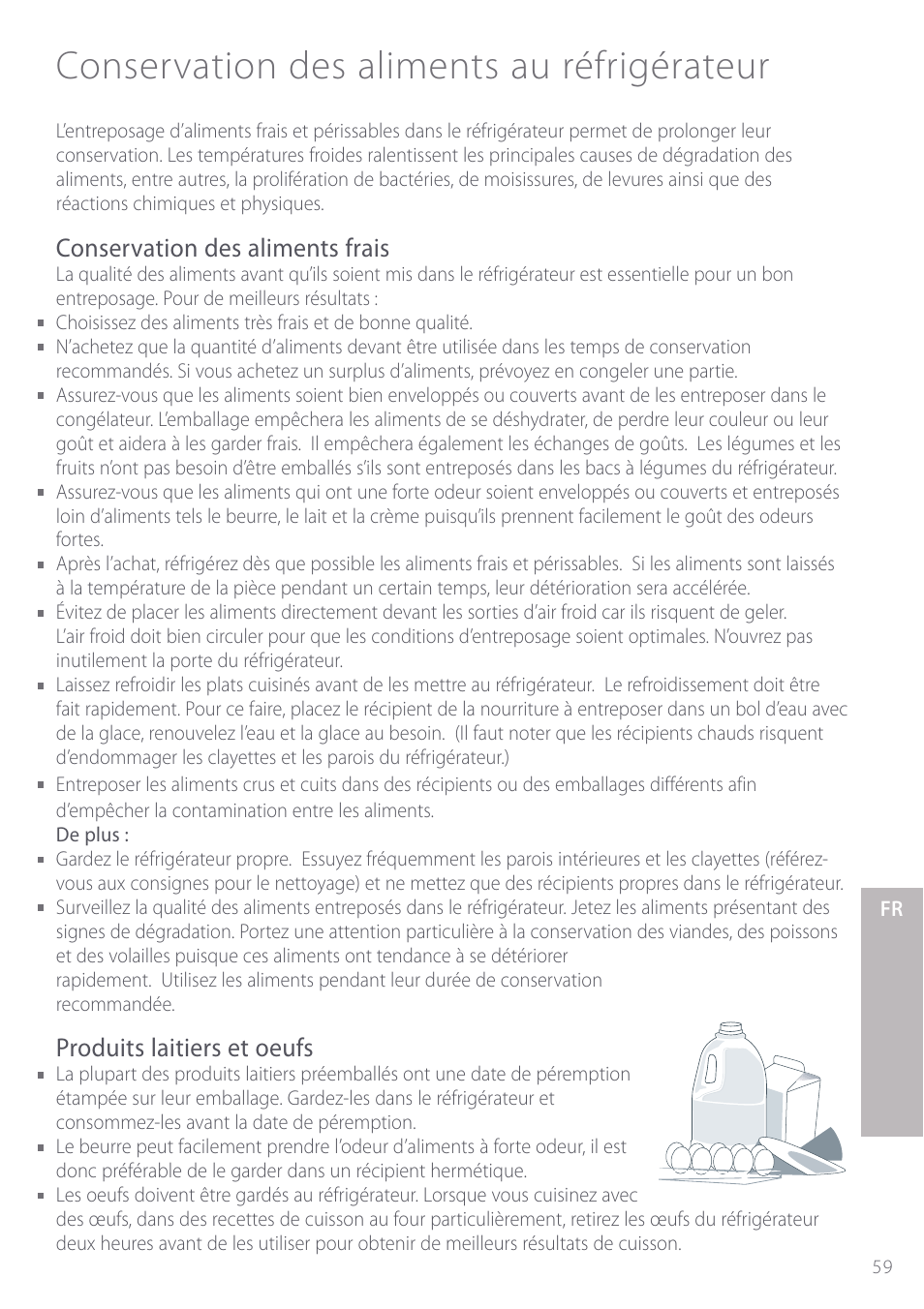 Conservation des aliments au réfrigérateur, Conservation des aliments frais, Produits laitiers et oeufs | Fisher & Paykel Active Smart User Manual | Page 59 / 68