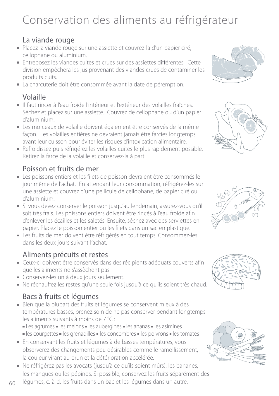 Conservation des aliments au réfrigérateur, La viande rouge, Volaille | Poisson et fruits de mer, Aliments précuits et restes, Bacs à fruits et légumes | Fisher & Paykel Active Smart User Manual | Page 60 / 68