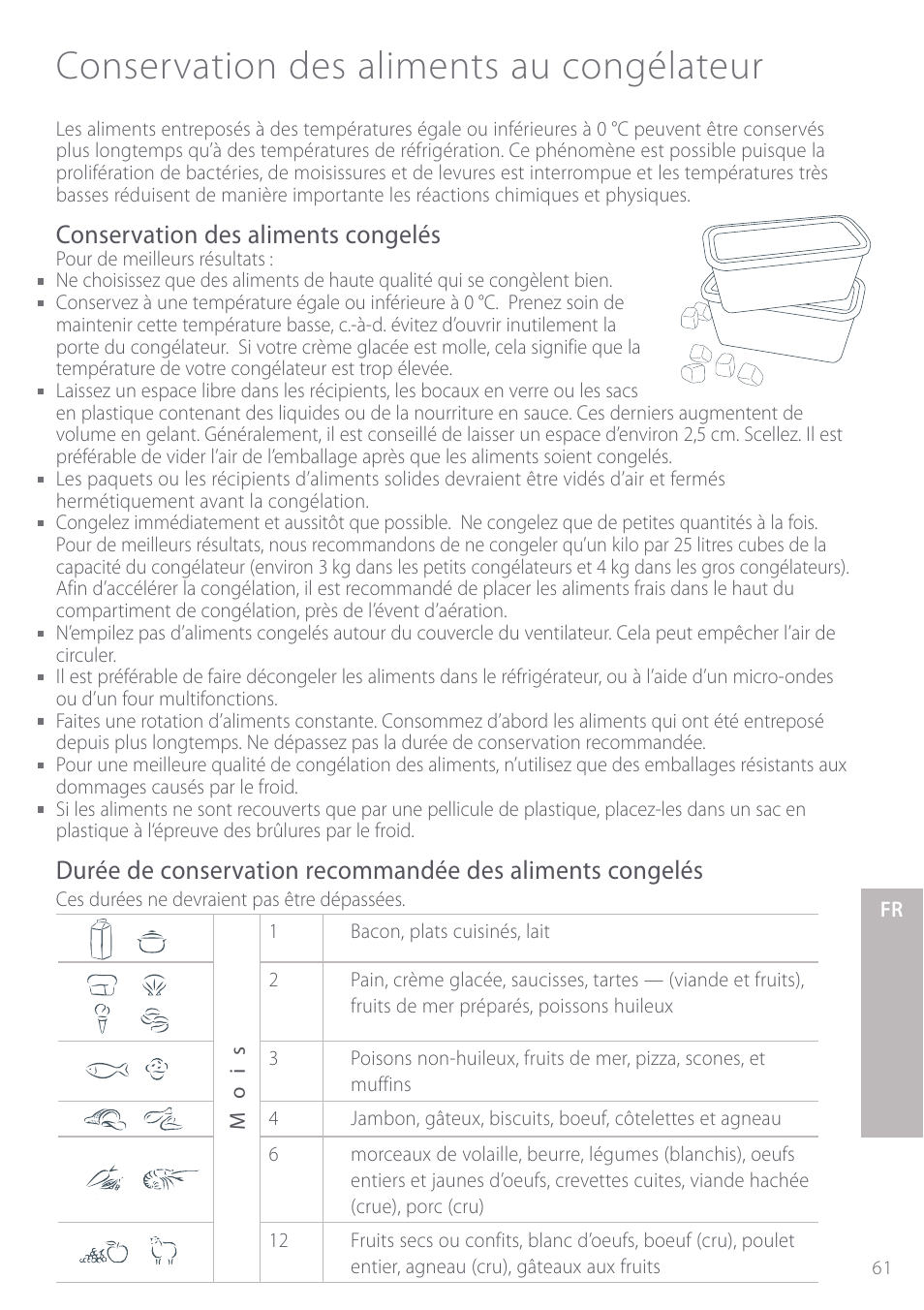 Conservation des aliments au congélateur, Conservation des aliments congelés | Fisher & Paykel Active Smart User Manual | Page 61 / 68