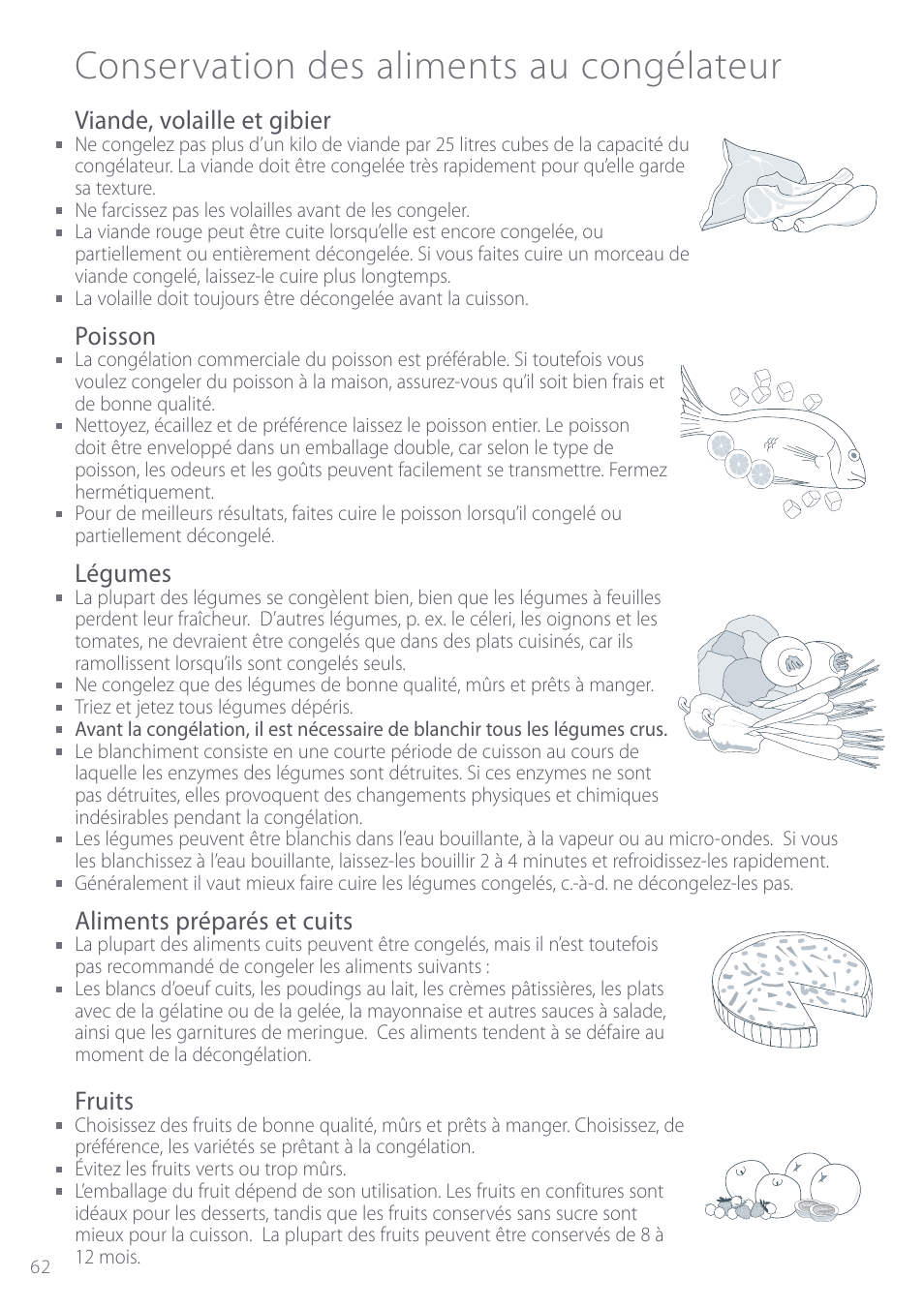 Conservation des aliments au congélateur, Viande, volaille et gibier, Poisson | Légumes, Aliments préparés et cuits, Fruits | Fisher & Paykel Active Smart User Manual | Page 62 / 68