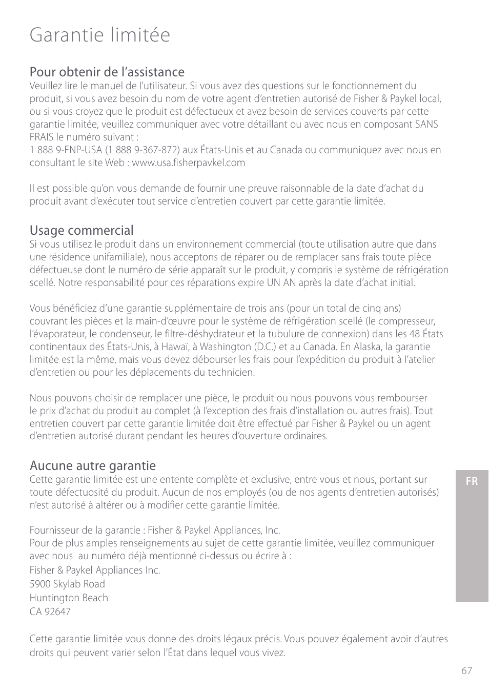 Garantie limitée | Fisher & Paykel Active Smart User Manual | Page 67 / 68