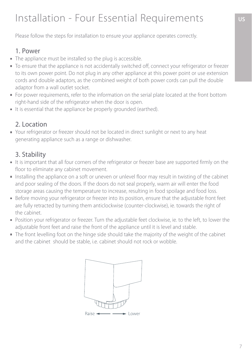 Installation - four essential requirements, Power, Location | Stability | Fisher & Paykel Active Smart User Manual | Page 7 / 68