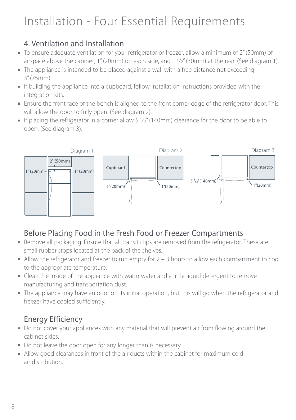 Installation - four essential requirements, Ventilation and installation, Energy efficiency | Fisher & Paykel Active Smart User Manual | Page 8 / 68