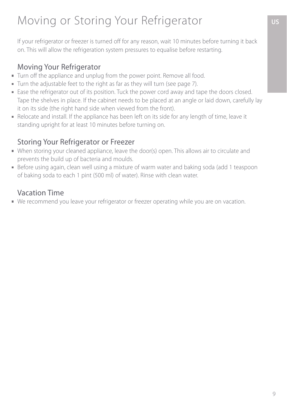 Moving or storing your refrigerator, Moving your refrigerator, Storing your refrigerator or freezer | Vacation time | Fisher & Paykel Active Smart User Manual | Page 9 / 68