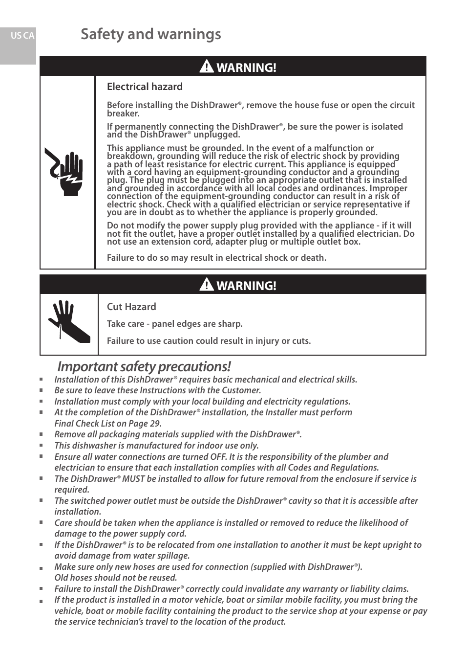Safety and warnings, Important safety precautions, Warning | Fisher & Paykel DCS DD224P5 User Manual | Page 2 / 92