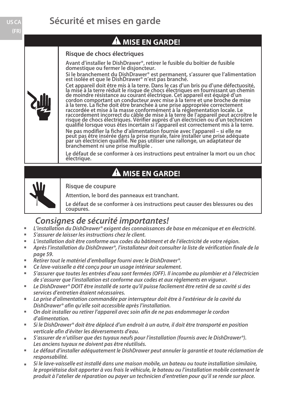 Sécurité et mises en garde, Consignes de sécurité importantes, Mise en garde | Fisher & Paykel DCS DD224P5 User Manual | Page 32 / 92