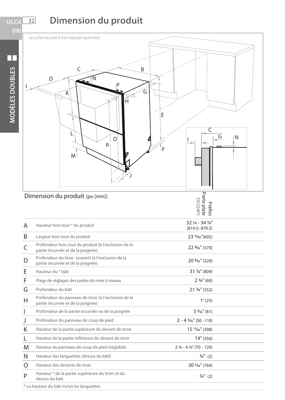 Dimension du produit, Modèles doubles | Fisher & Paykel DCS DD224P5 User Manual | Page 34 / 92