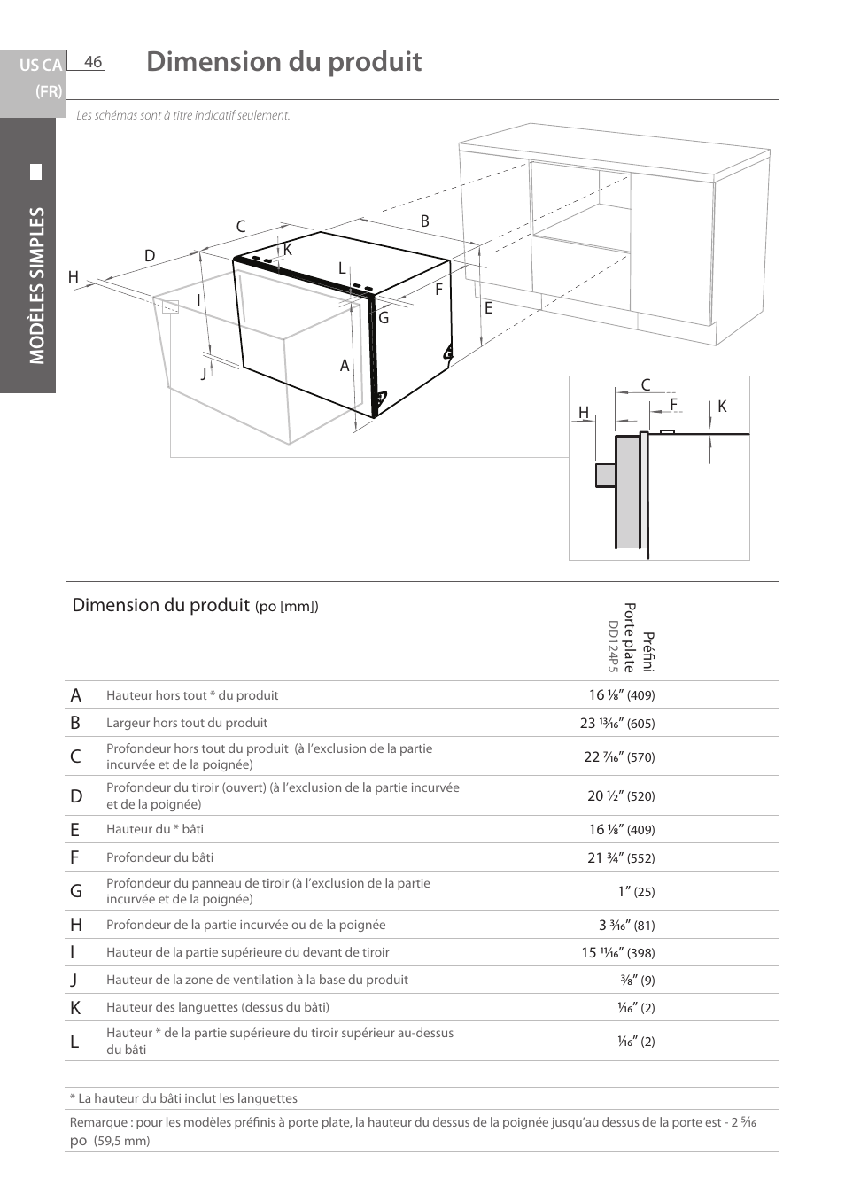 Dimension du produit, Modèles simples | Fisher & Paykel DCS DD224P5 User Manual | Page 48 / 92